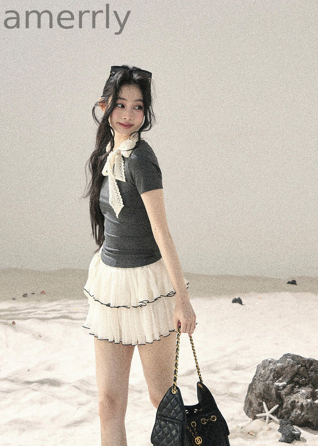 Gray Shadow Lace Bow Fitted T-Shirt