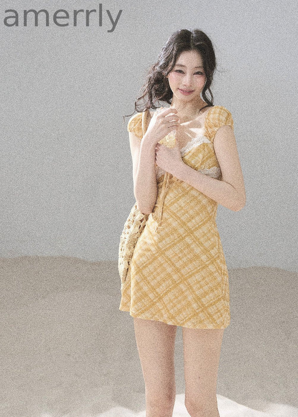 Golden Wheat Lace-Trim Mini Dress