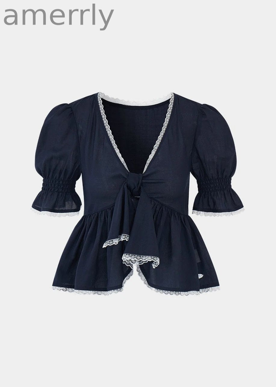 Butterfly Tie Puff Sleeve Lace Top
