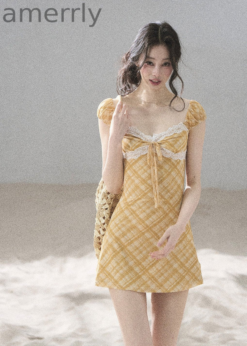 Golden Wheat Lace-Trim Mini Dress