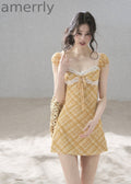 Golden Wheat Lace-Trim Mini Dress
