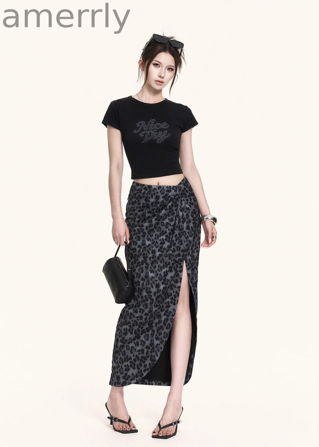 Leopard Slit Skirt & Crop Tee Set