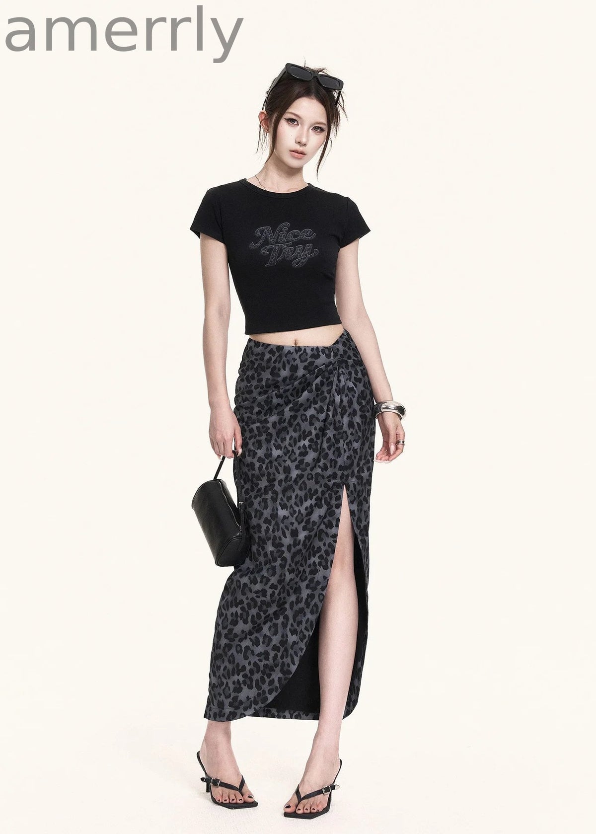 Leopard Slit Skirt & Crop Tee Set