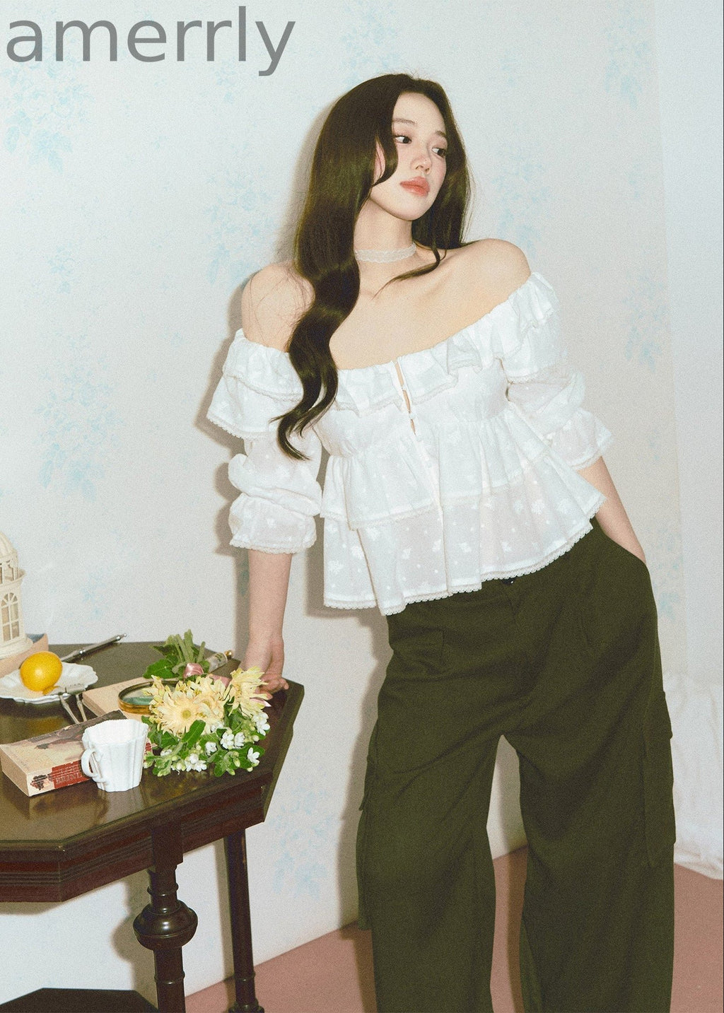 Embroidered Off-Shoulder Ruffle Top