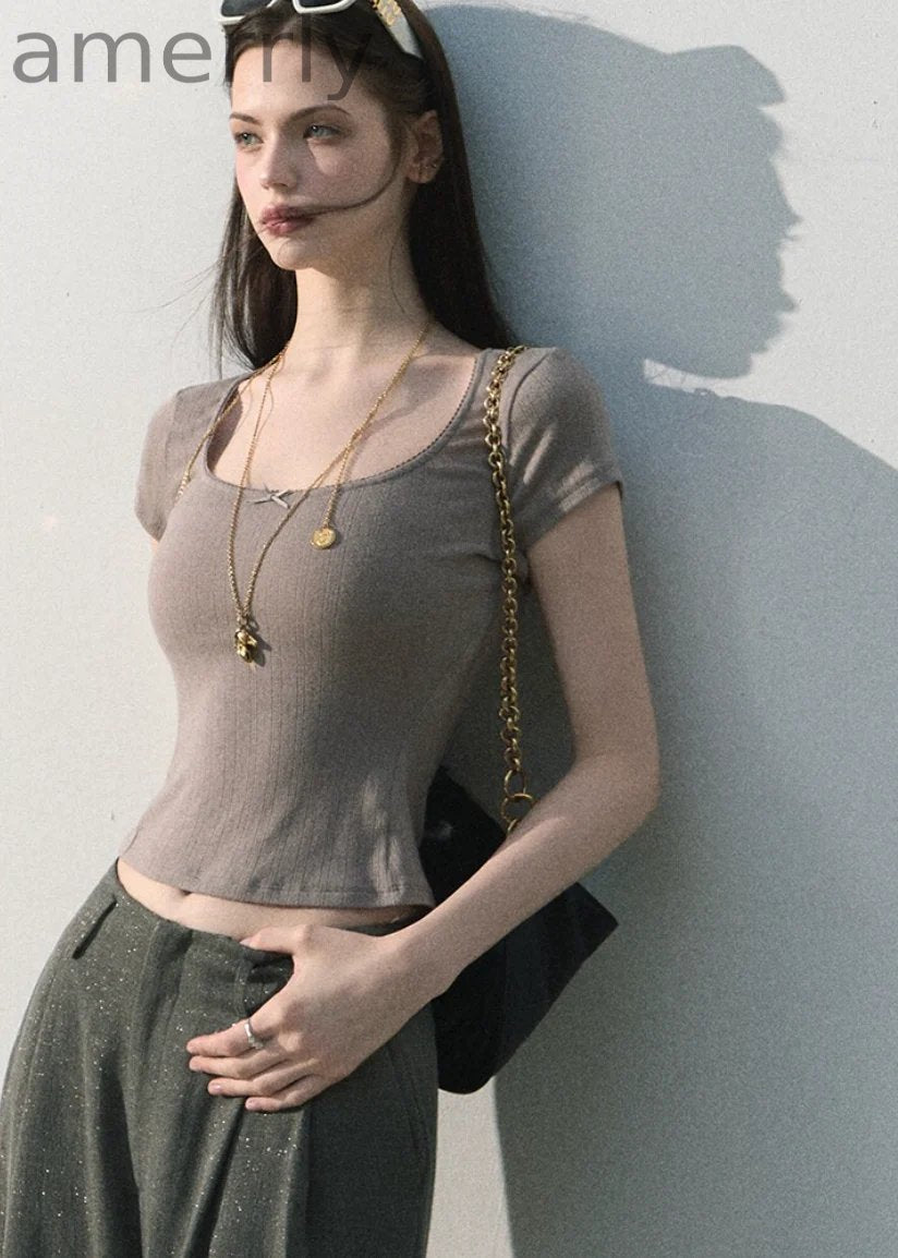 Iced Mint Lace-Trim U-Neck Top
