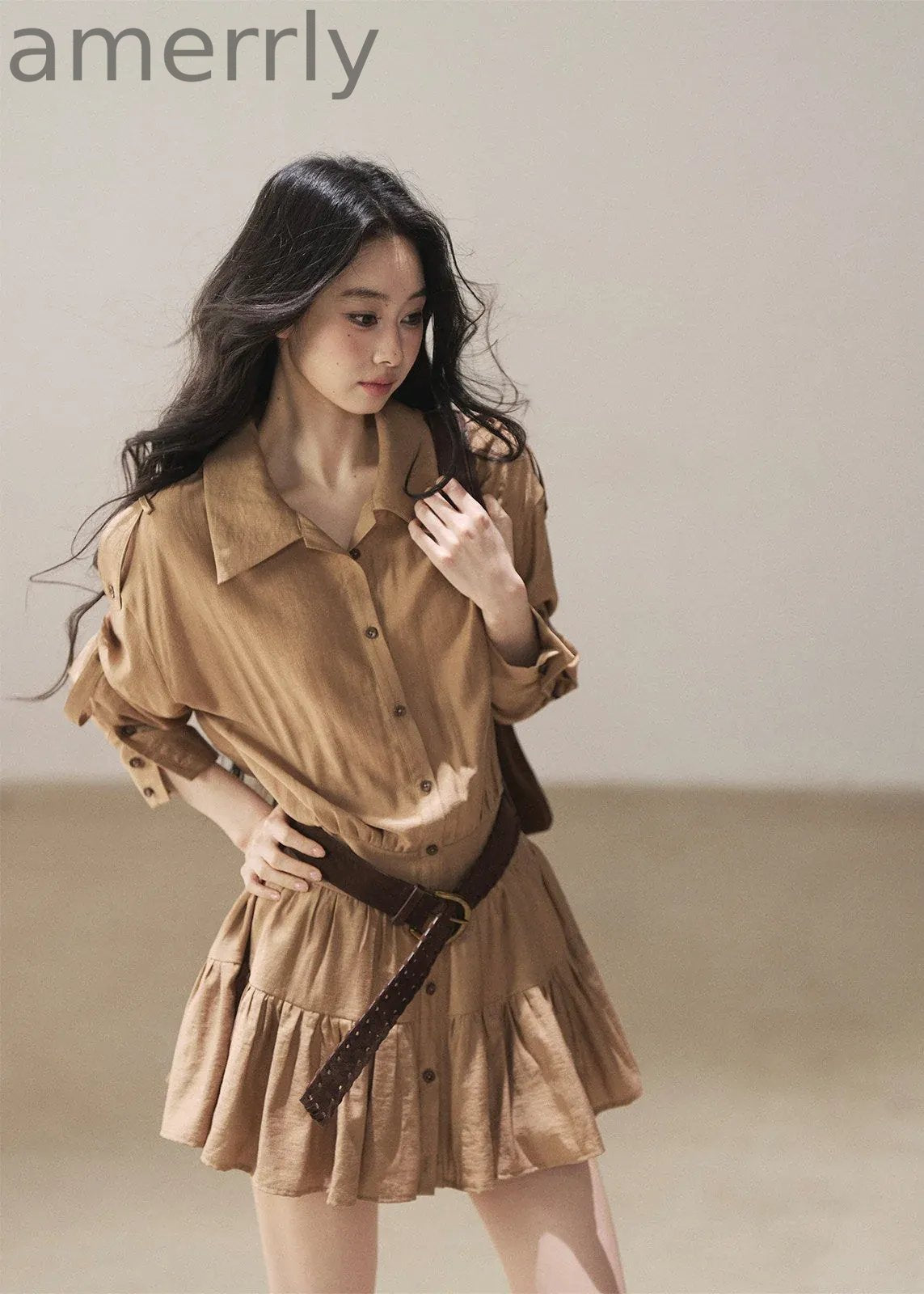 Golden Wheat Lapel Dress Set
