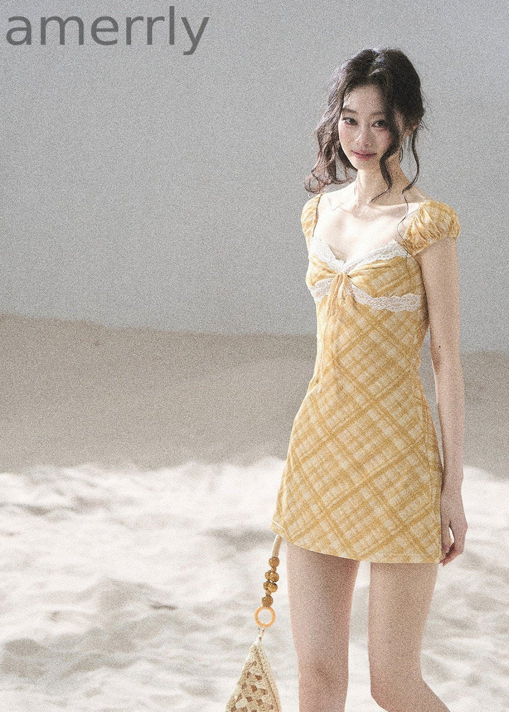 Golden Wheat Lace-Trim Mini Dress