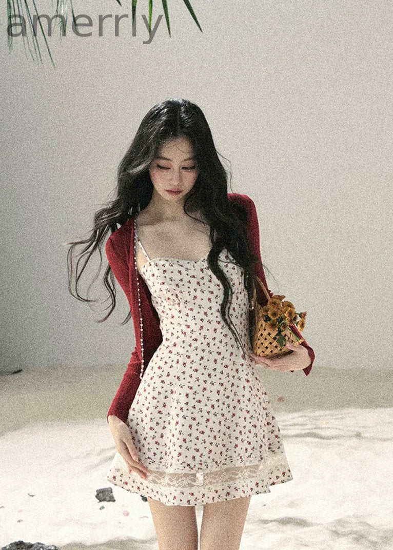 Blooming Roses Floral Slip Dress & Cardigan Set