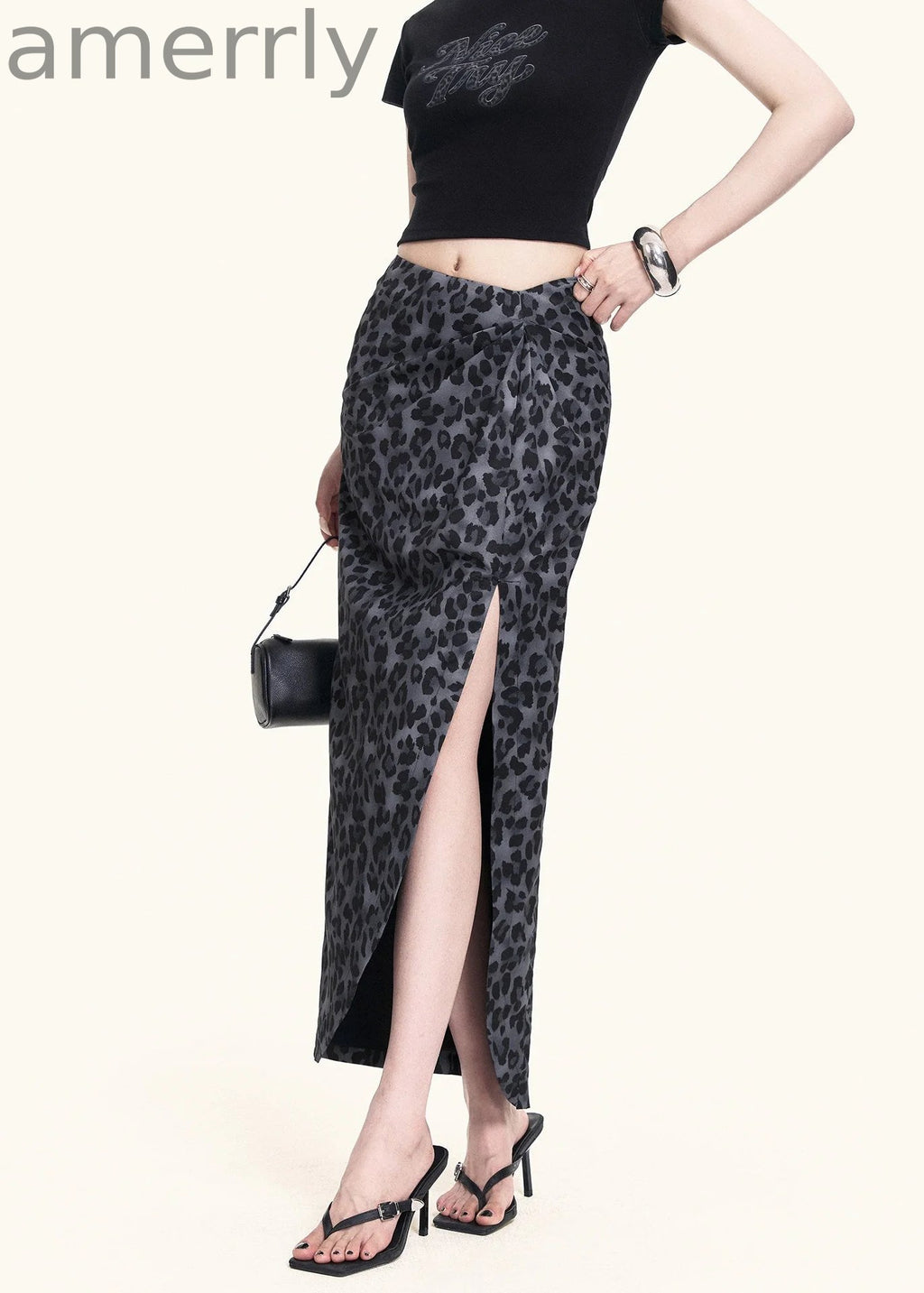 Leopard Slit Skirt & Crop Tee Set