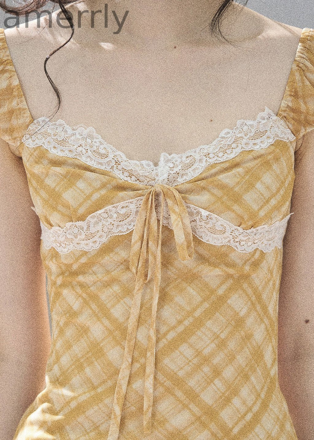 Golden Wheat Lace-Trim Mini Dress