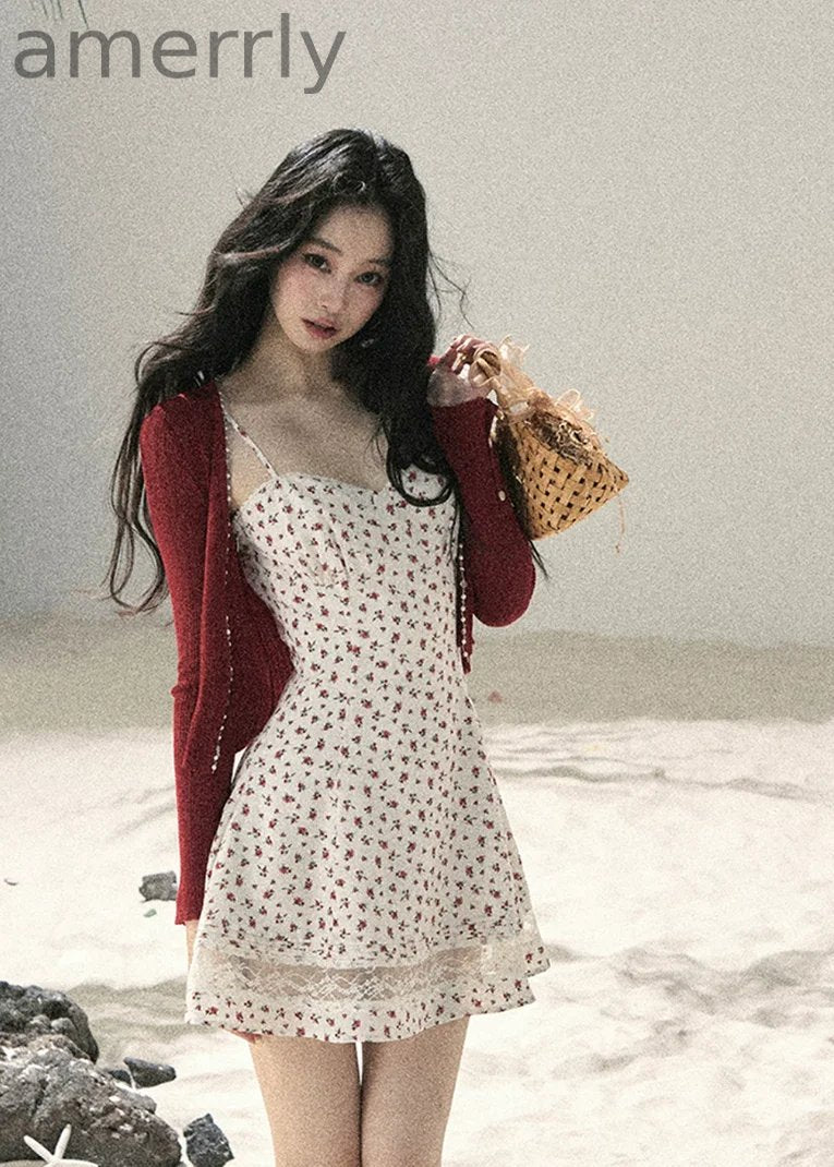 Blooming Roses Floral Slip Dress & Cardigan Set