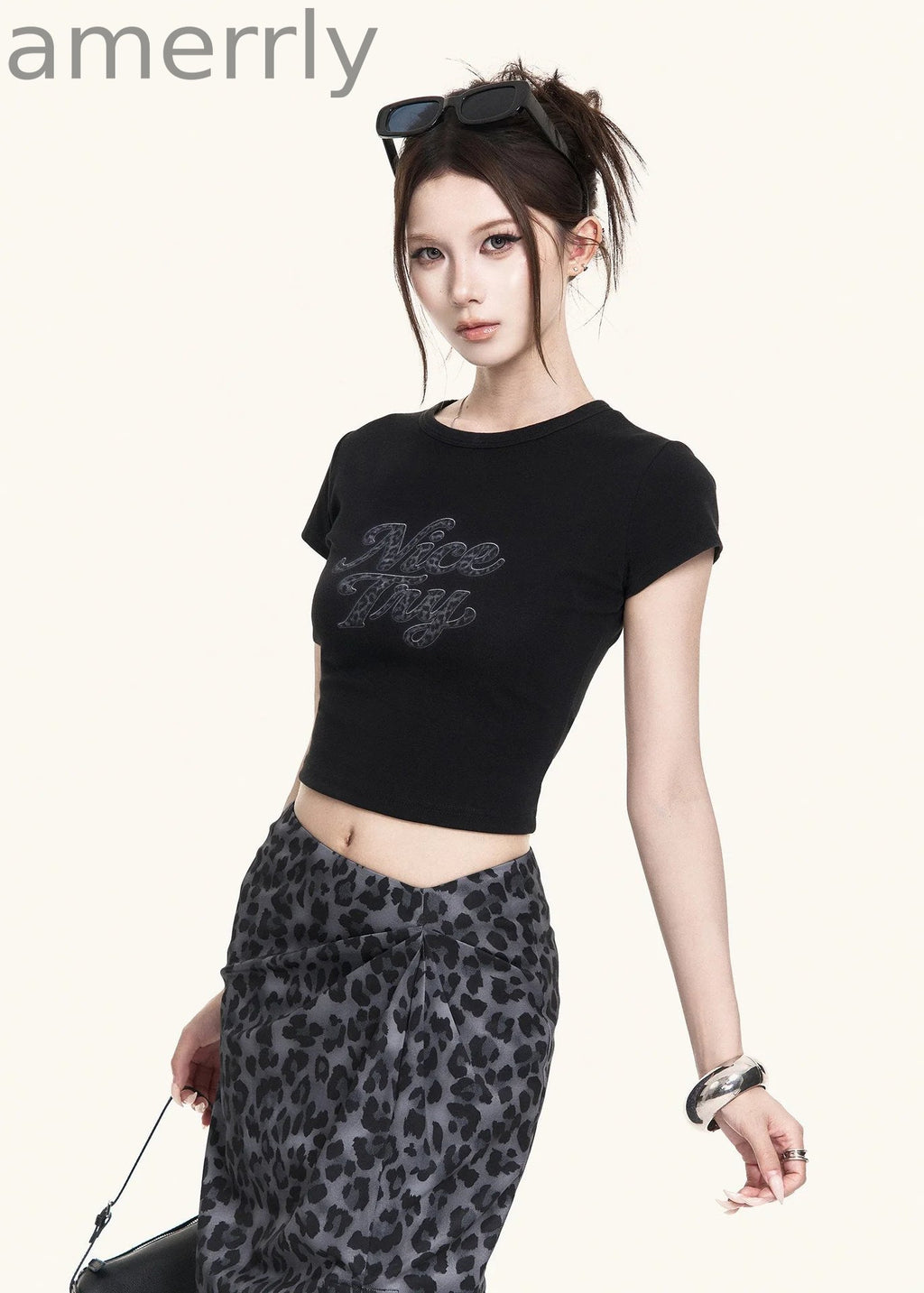 Leopard Slit Skirt & Crop Tee Set