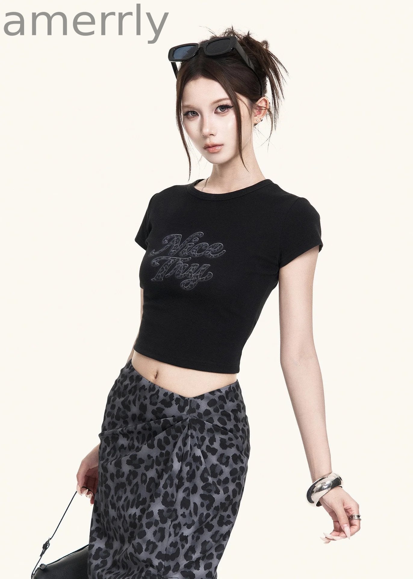 Leopard Slit Skirt & Crop Tee Set