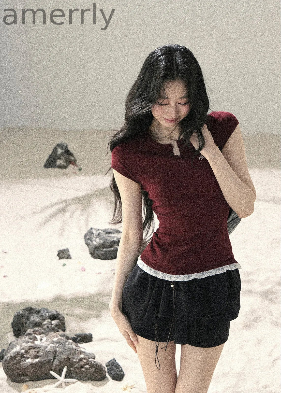 Langyu Letter Lace-Hem Baby Tee