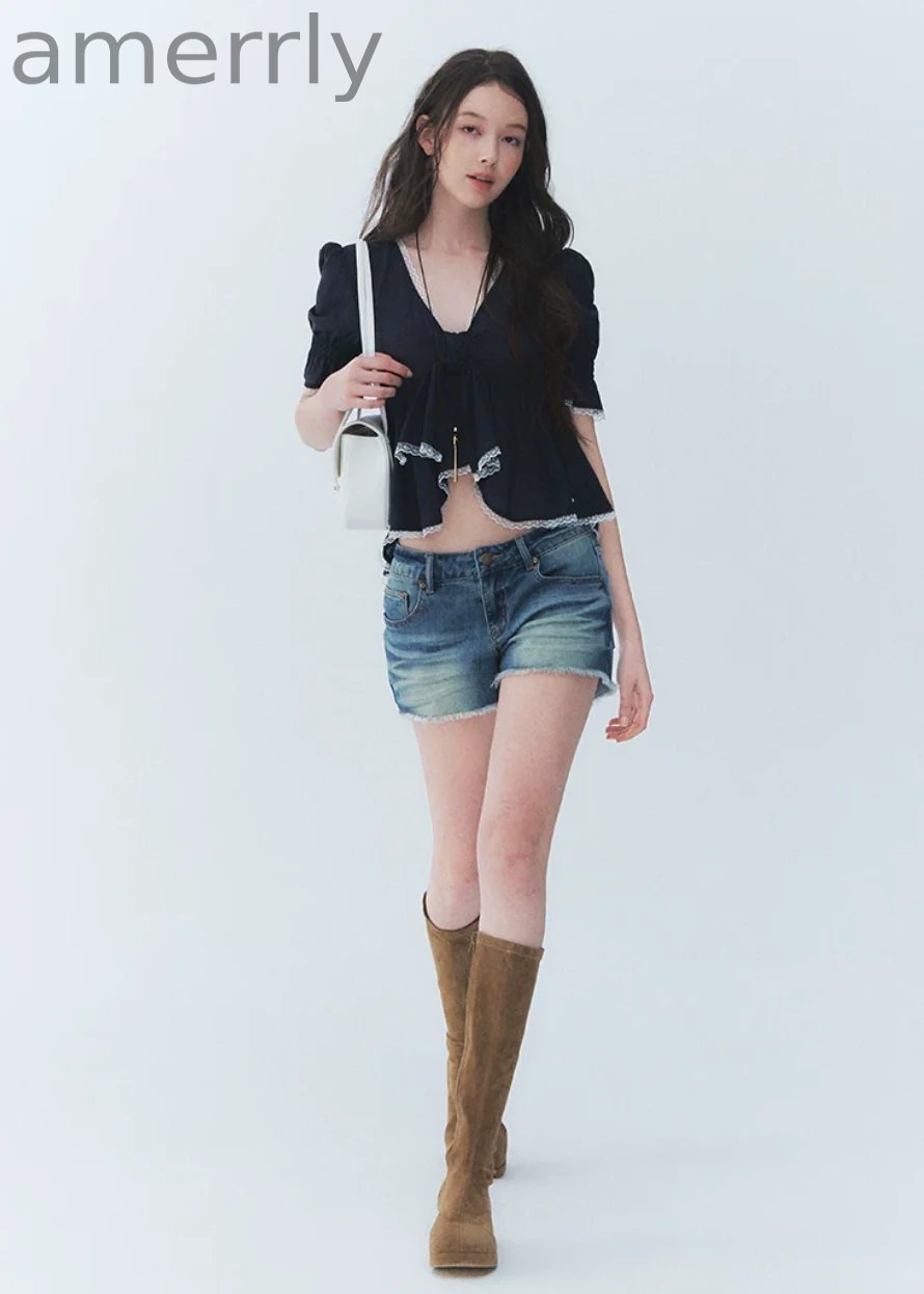 Butterfly Tie Puff Sleeve Lace Top