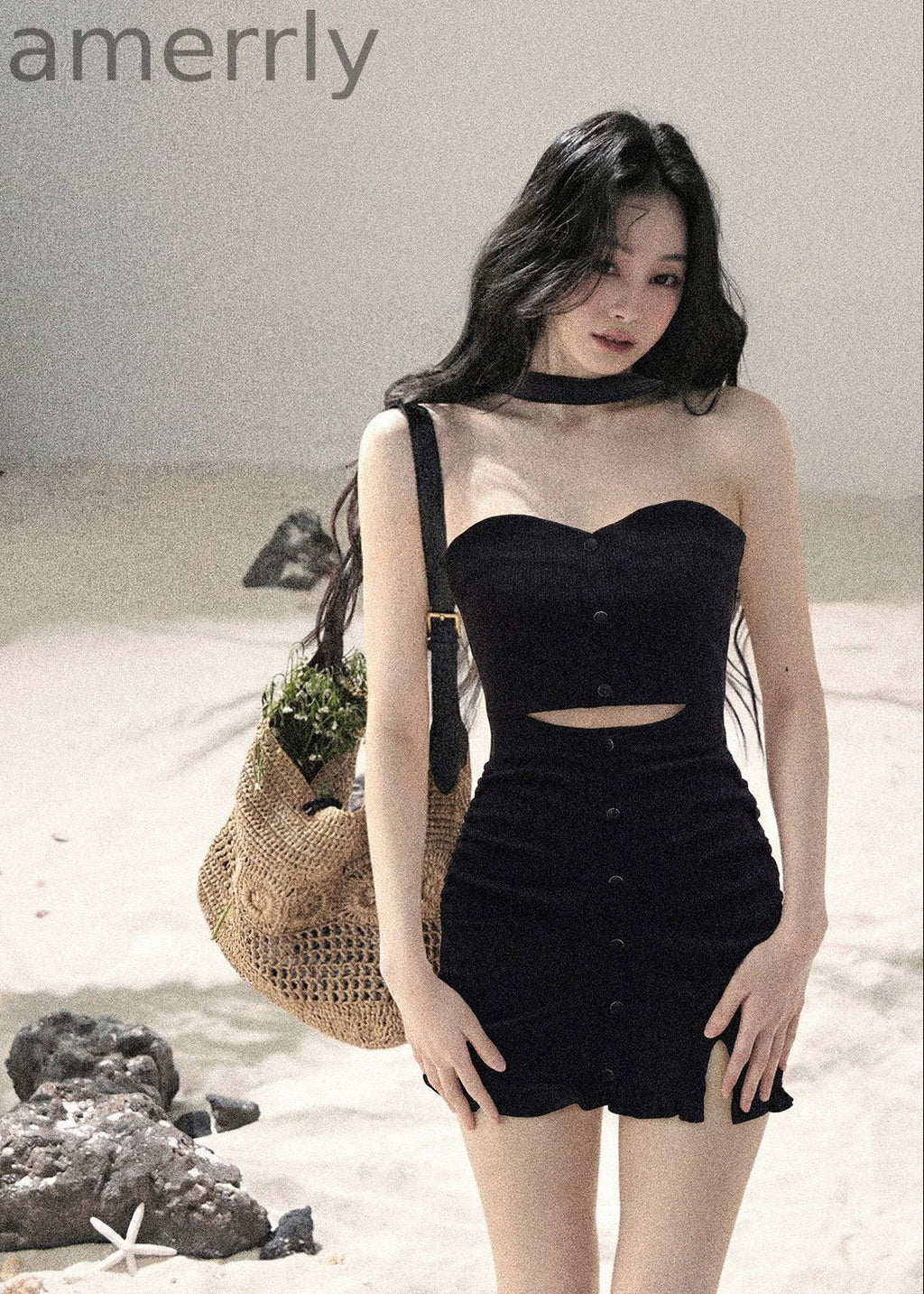 Light & Shadow Halter Cutout Knit Mini Dress
