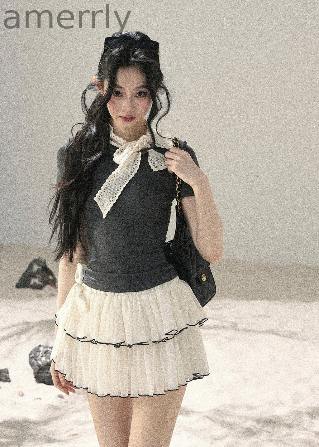 Gray Shadow Lace Bow Fitted T-Shirt