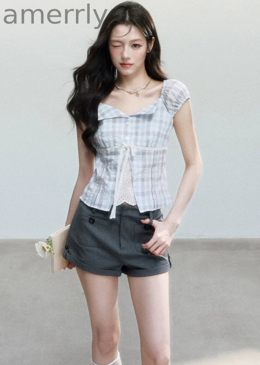 Clear Sky Plaid Lace Top