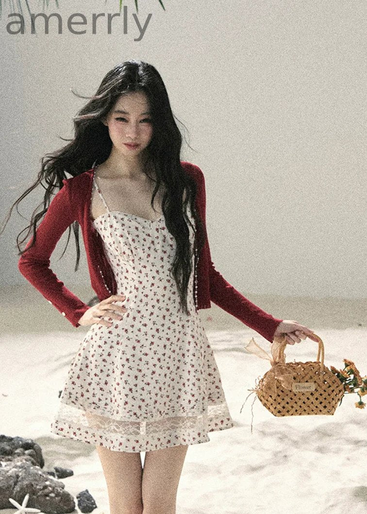 Blooming Roses Floral Slip Dress & Cardigan Set