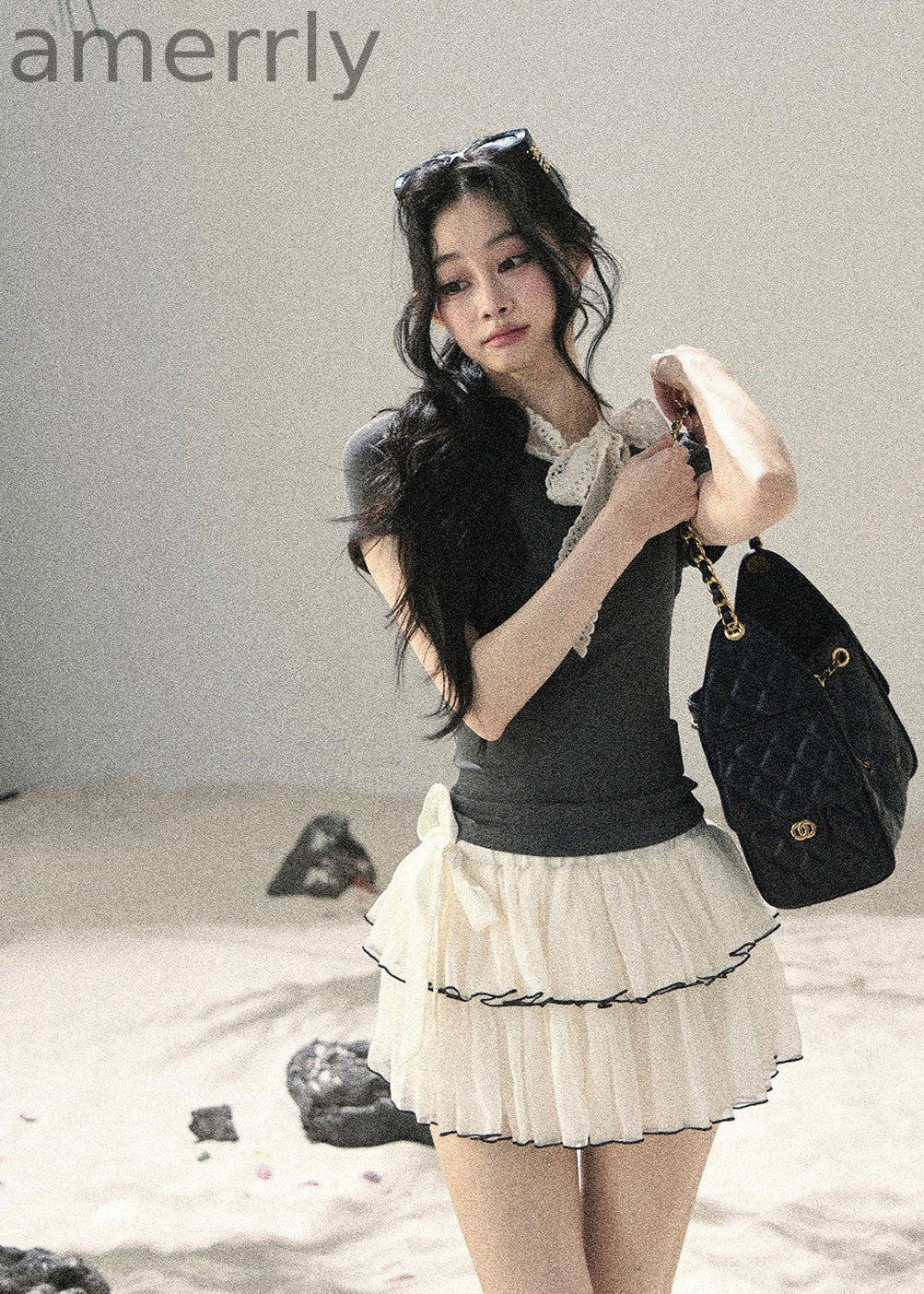 Gray Shadow Lace Bow Fitted T-Shirt