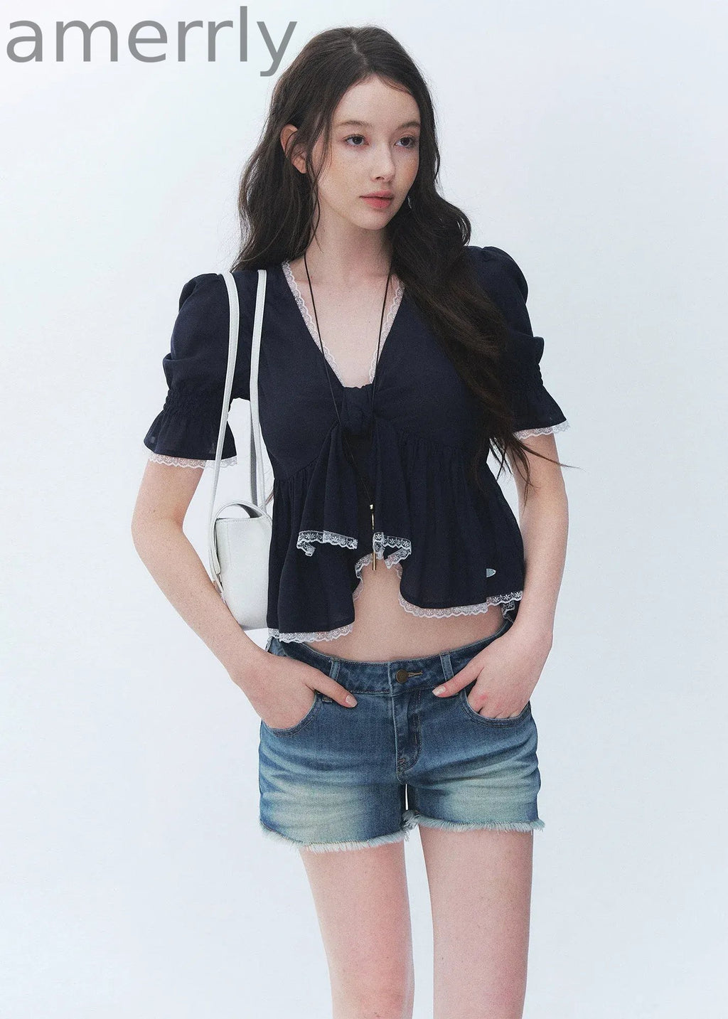 Butterfly Tie Puff Sleeve Lace Top