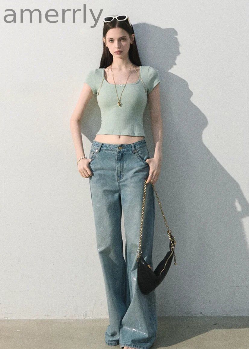 Iced Mint Lace-Trim U-Neck Top