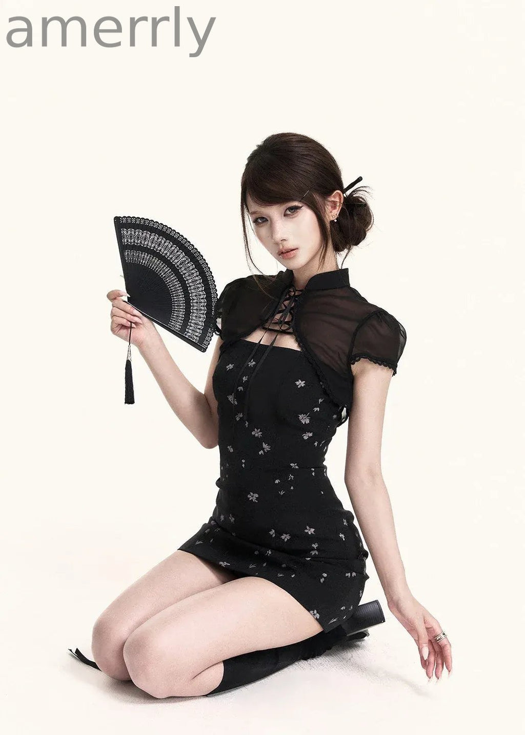 Black Iris Qipao Mini Dress & Bolero Set