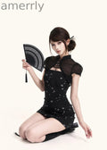 Black Iris Qipao Mini Dress & Bolero Set