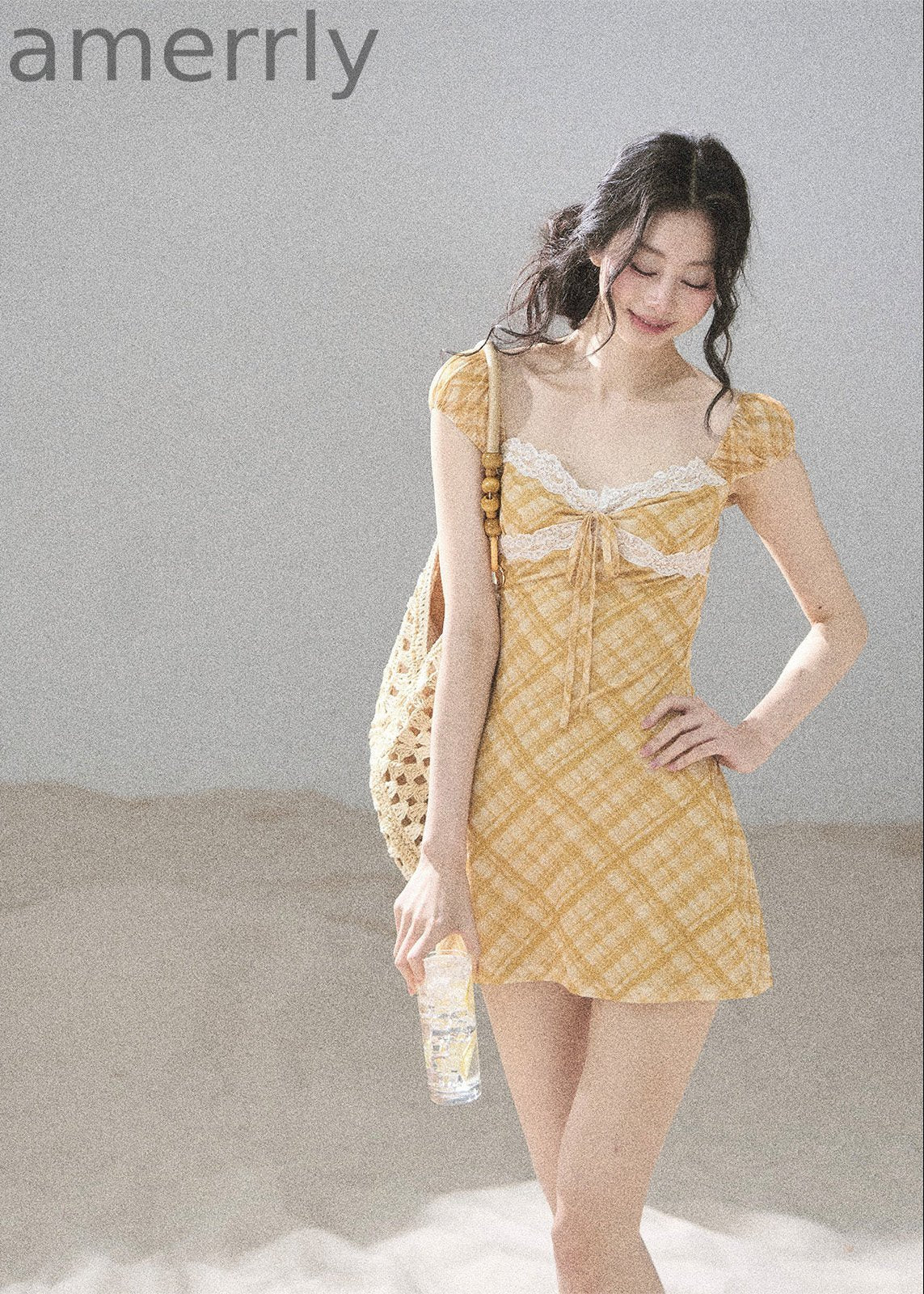 Golden Wheat Lace-Trim Mini Dress