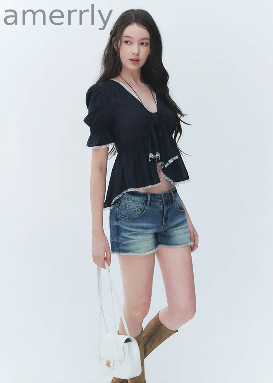 Butterfly Tie Puff Sleeve Lace Top