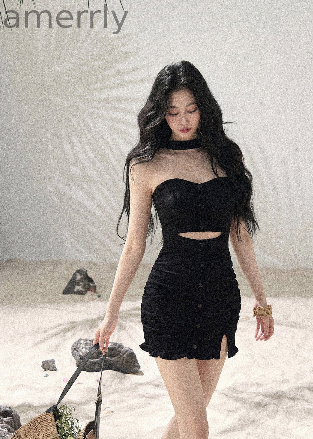 Light & Shadow Halter Cutout Knit Mini Dress