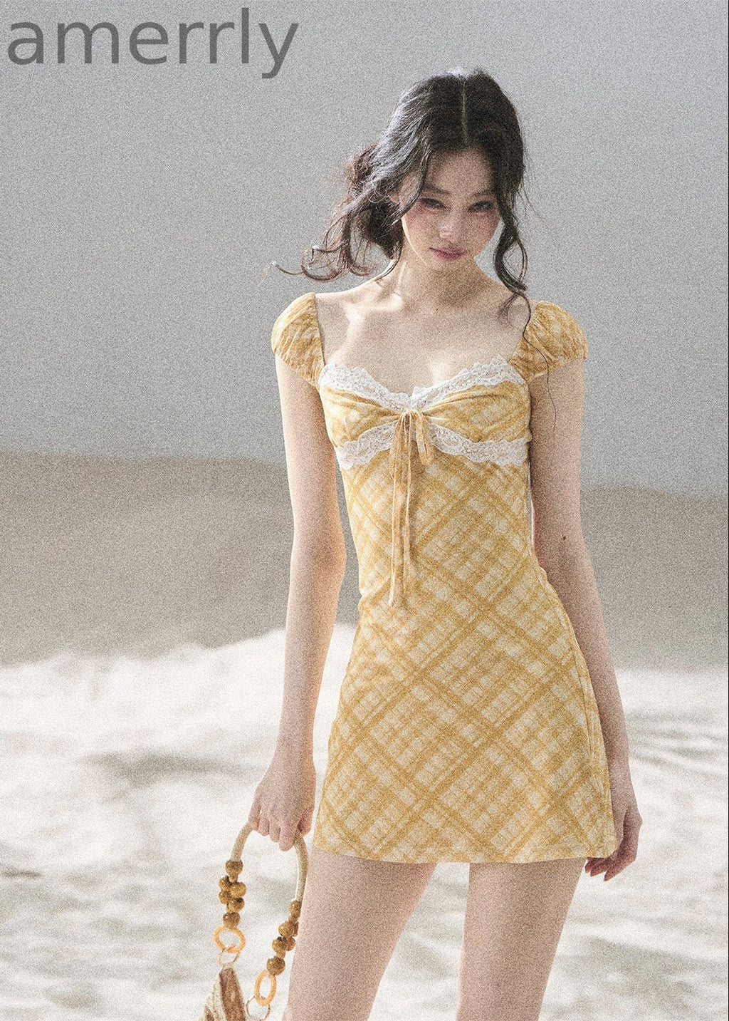 Golden Wheat Lace-Trim Mini Dress
