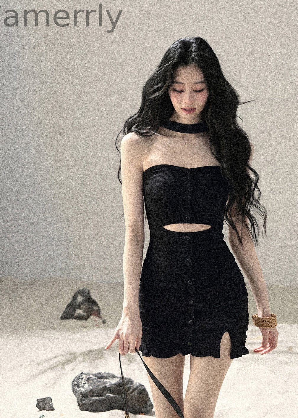 Light & Shadow Halter Cutout Knit Mini Dress