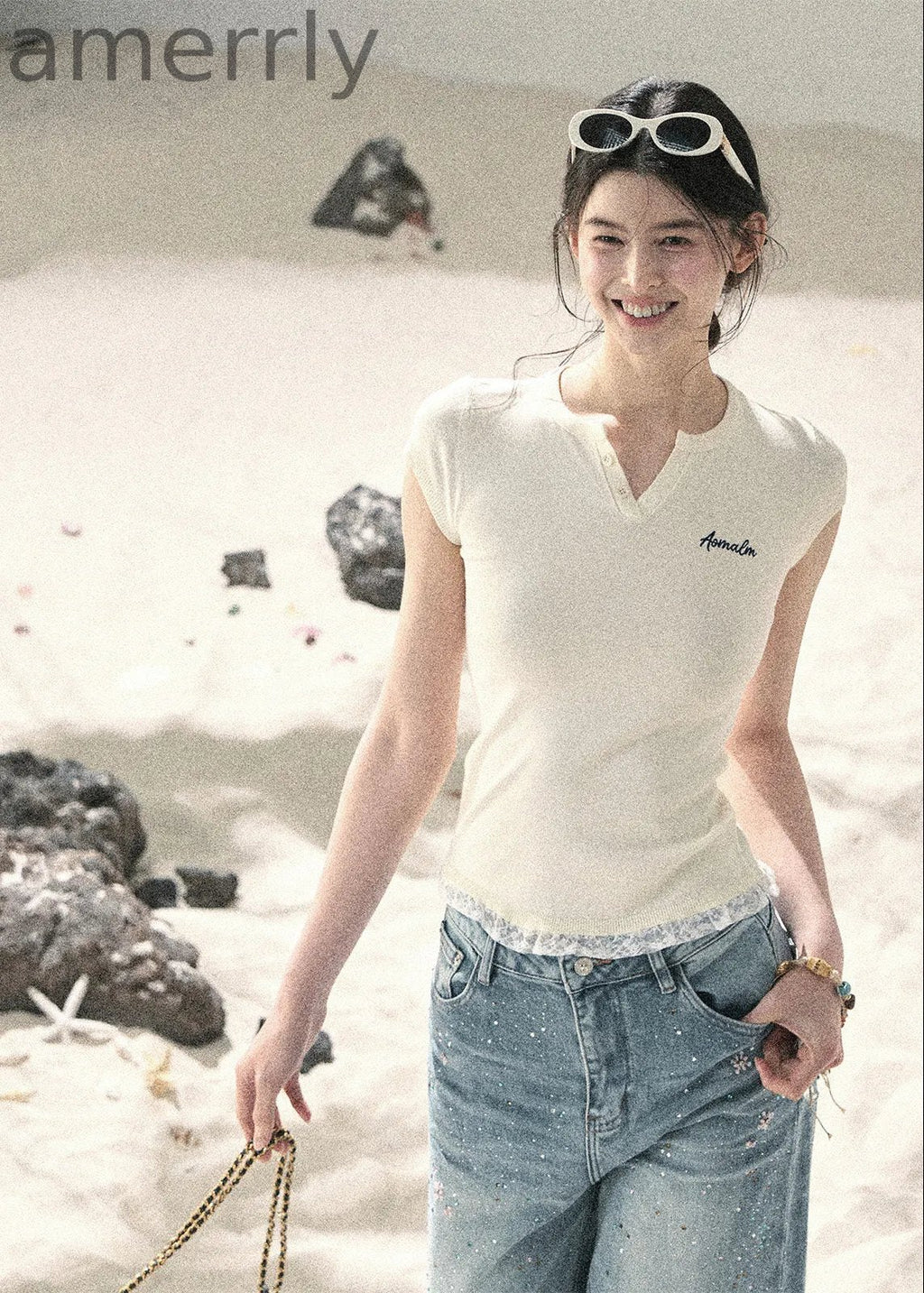 Langyu Letter Lace-Hem Baby Tee