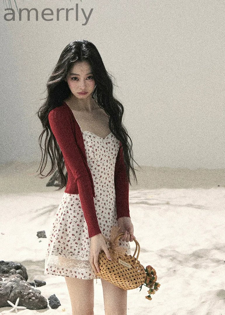 Blooming Roses Floral Slip Dress & Cardigan Set