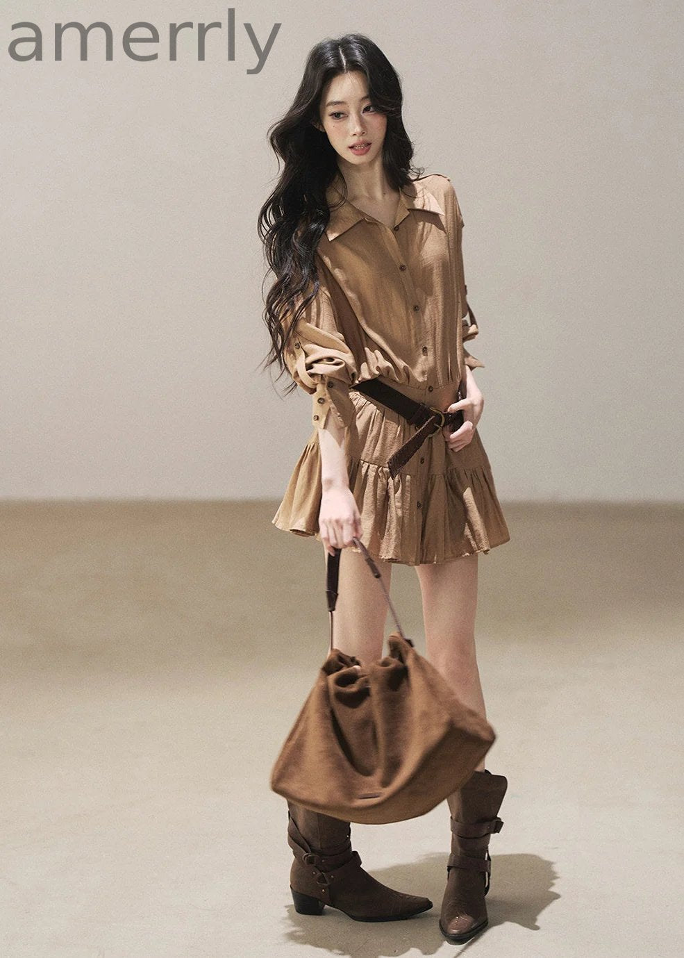 Golden Wheat Lapel Dress Set