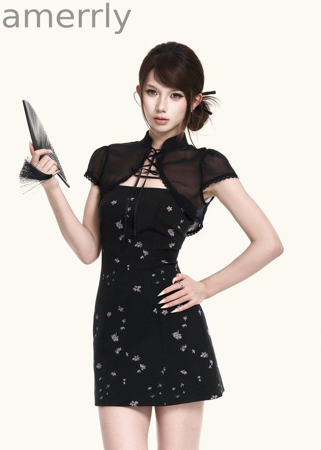 Black Iris Qipao Mini Dress & Bolero Set