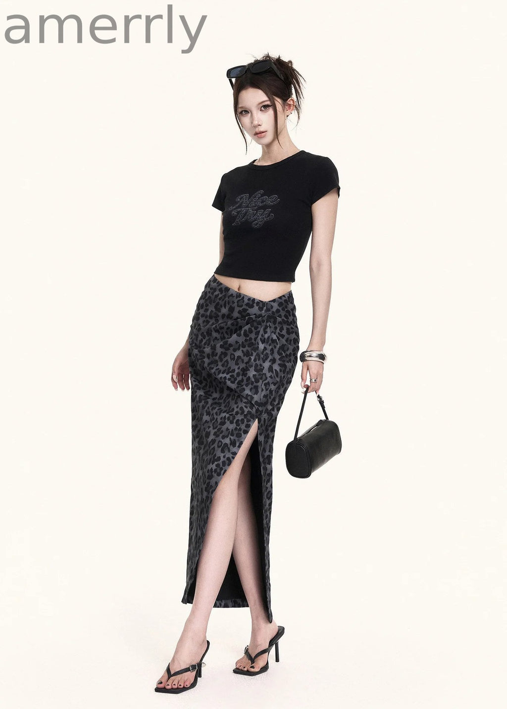 Leopard Slit Skirt & Crop Tee Set