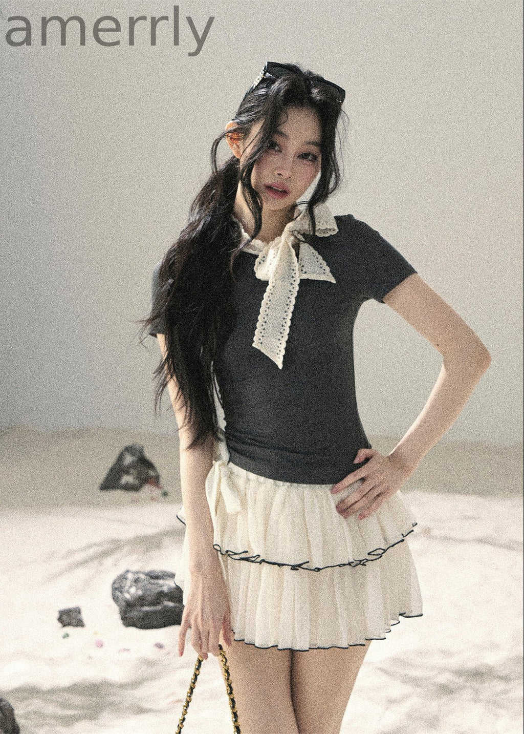 Gray Shadow Lace Bow Fitted T-Shirt
