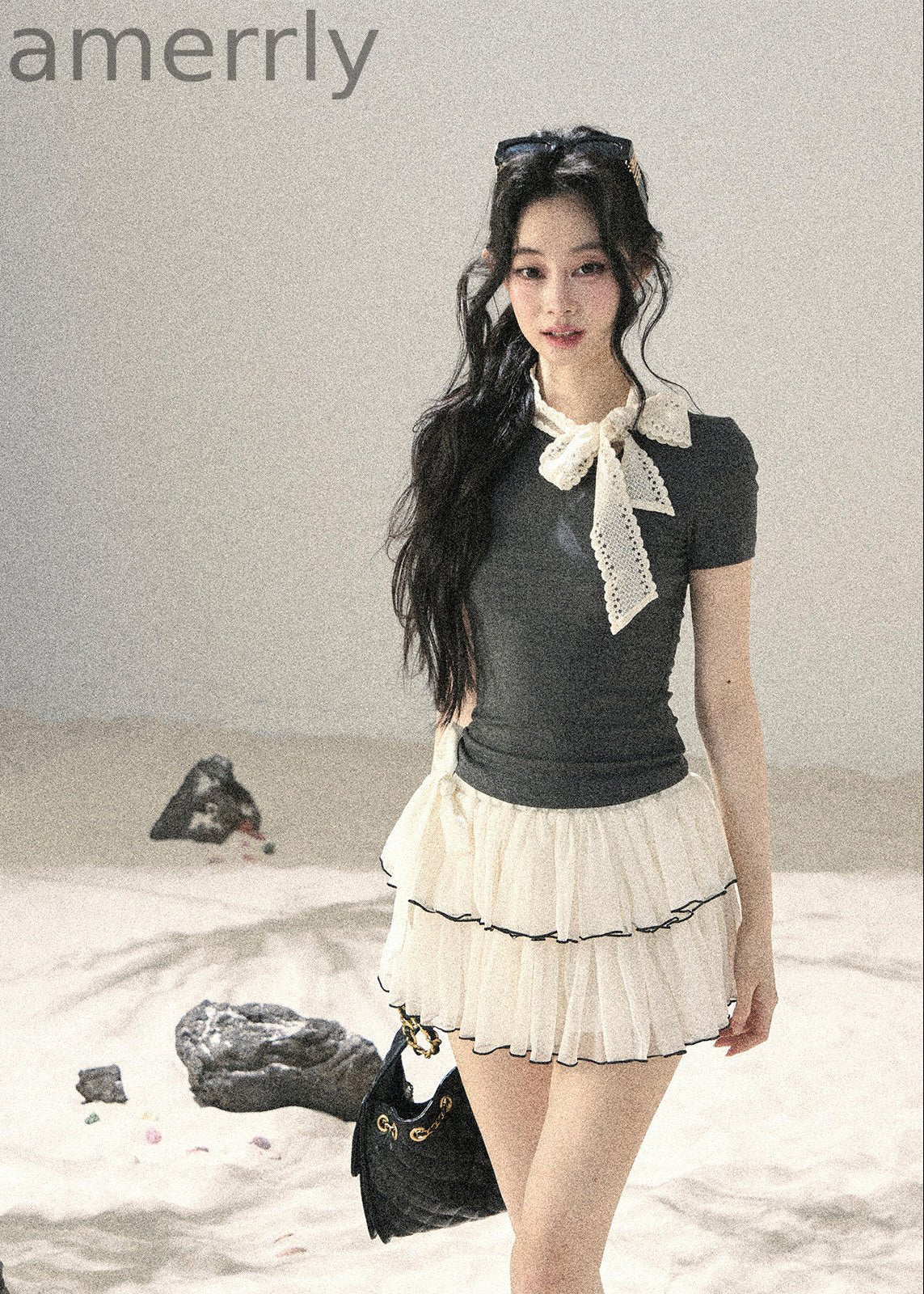 Gray Shadow Lace Bow Fitted T-Shirt