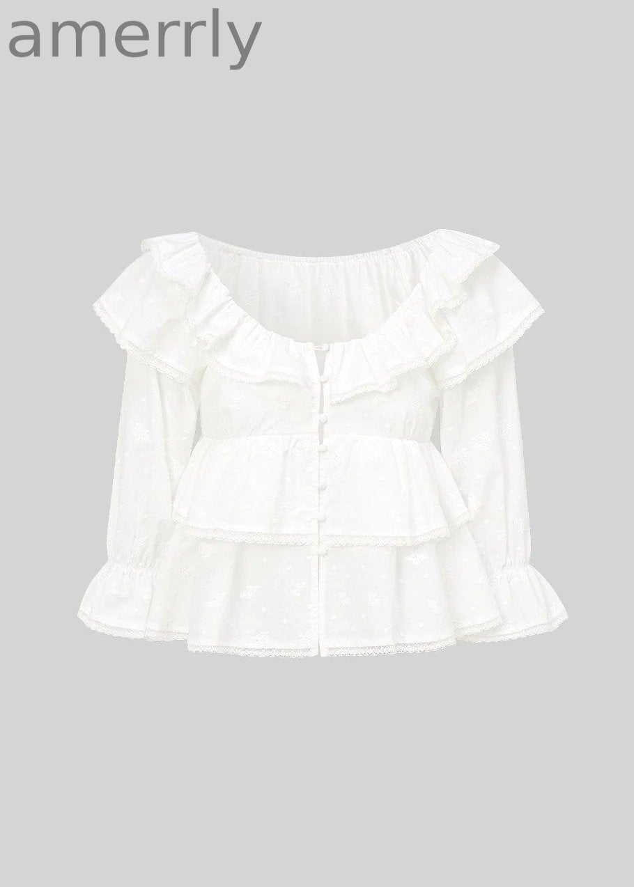 Embroidered Off-Shoulder Ruffle Top
