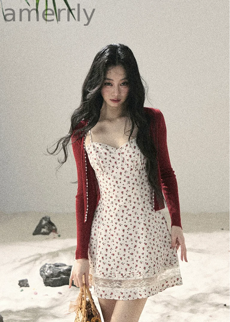 Blooming Roses Floral Slip Dress & Cardigan Set