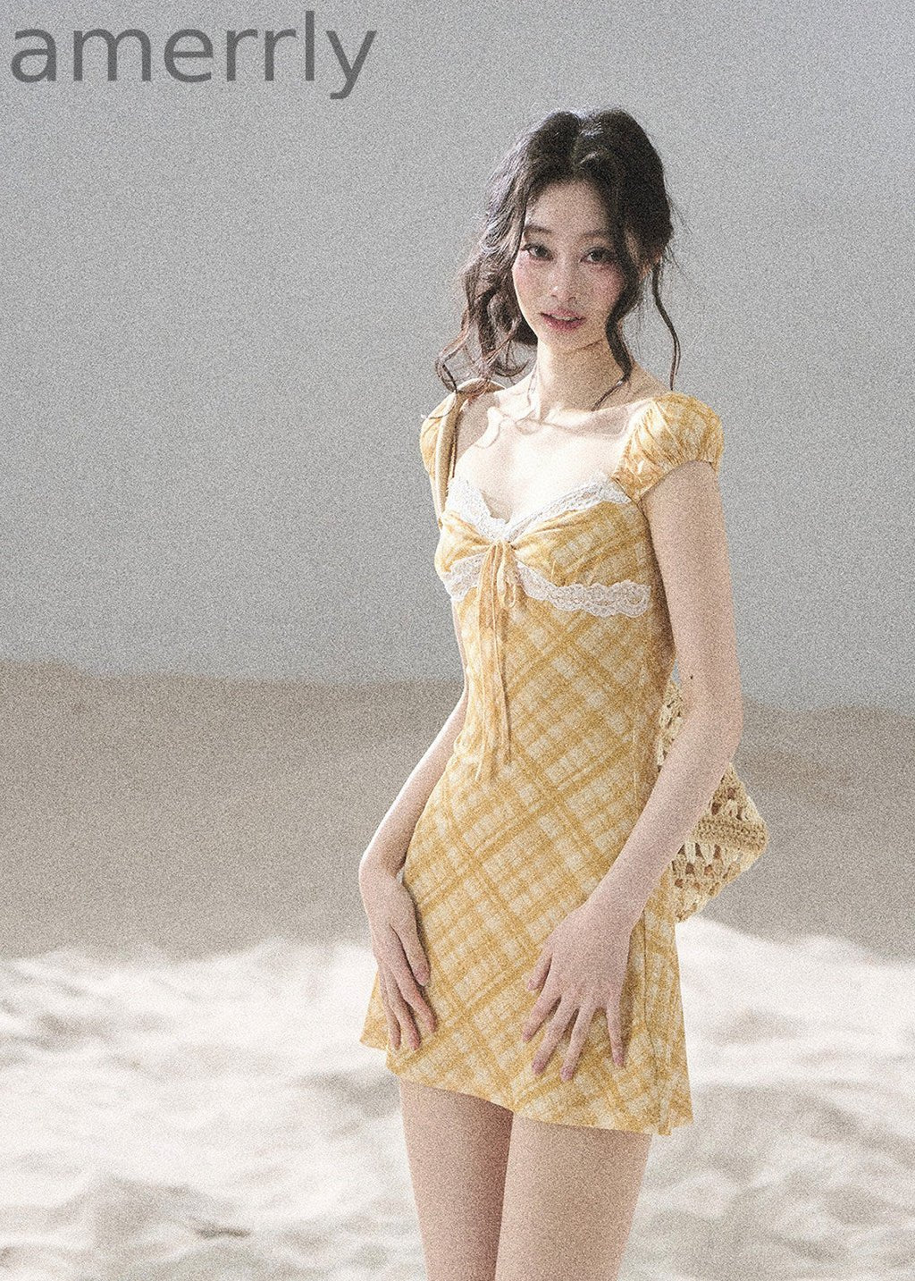 Golden Wheat Lace-Trim Mini Dress