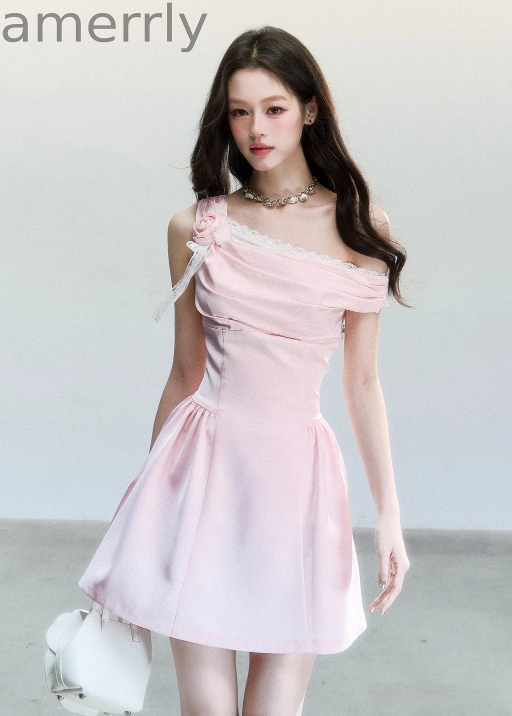 Rose Whisper Satin One-Shoulder Dress