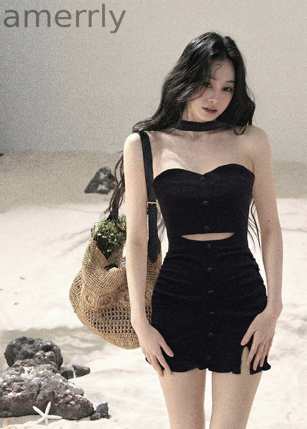 Light & Shadow Halter Cutout Knit Mini Dress
