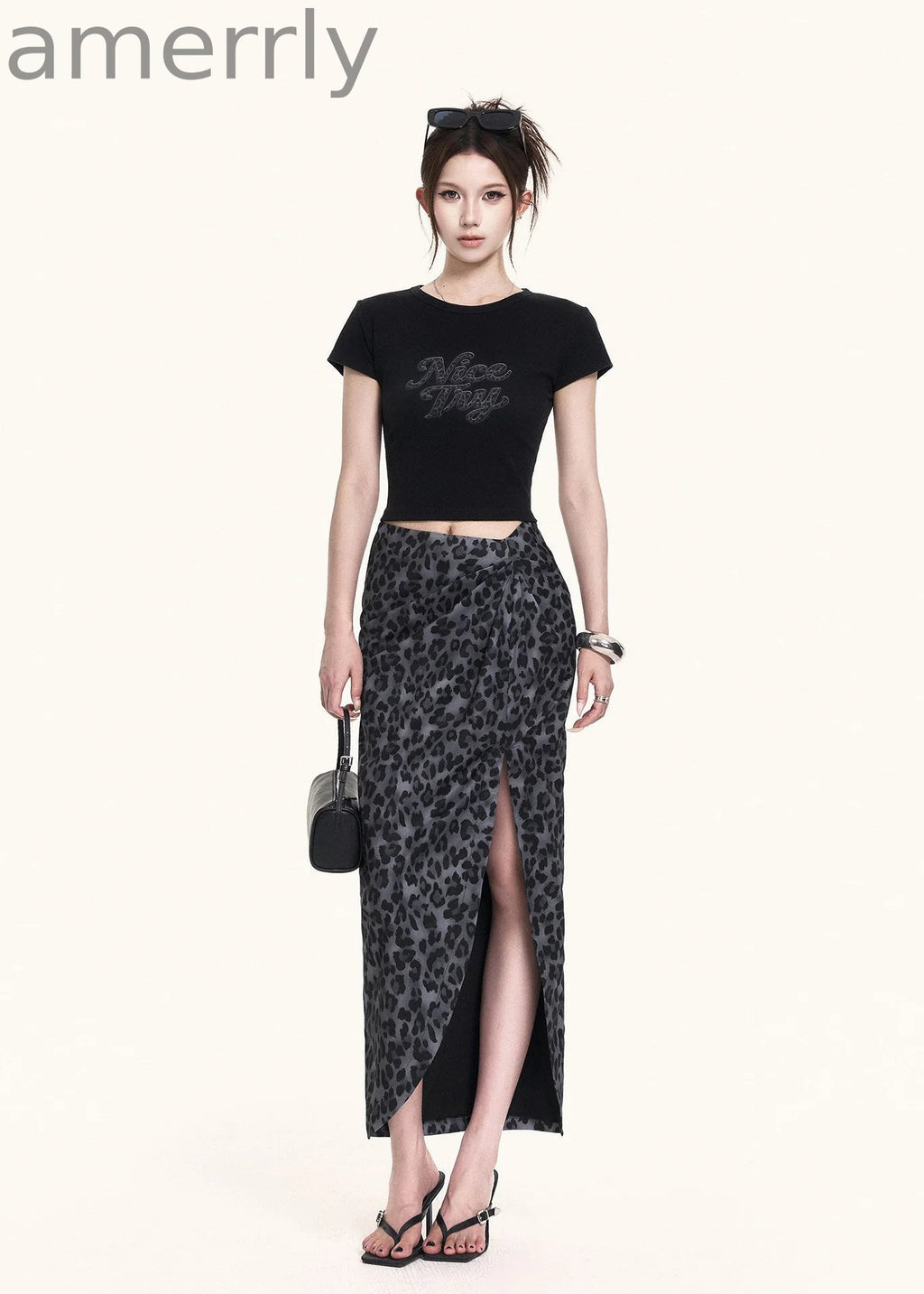 Leopard Slit Skirt & Crop Tee Set