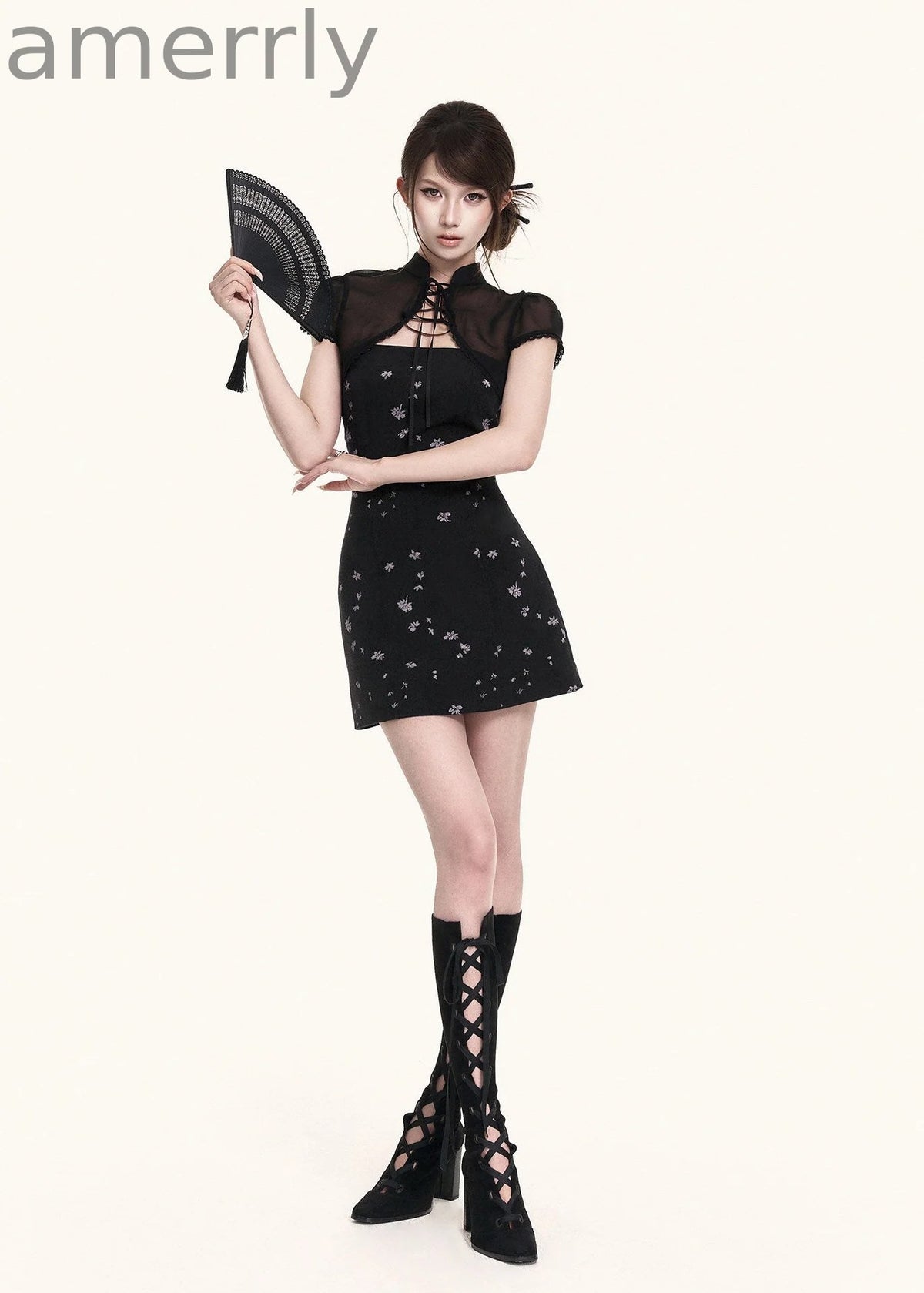 Black Iris Qipao Mini Dress & Bolero Set