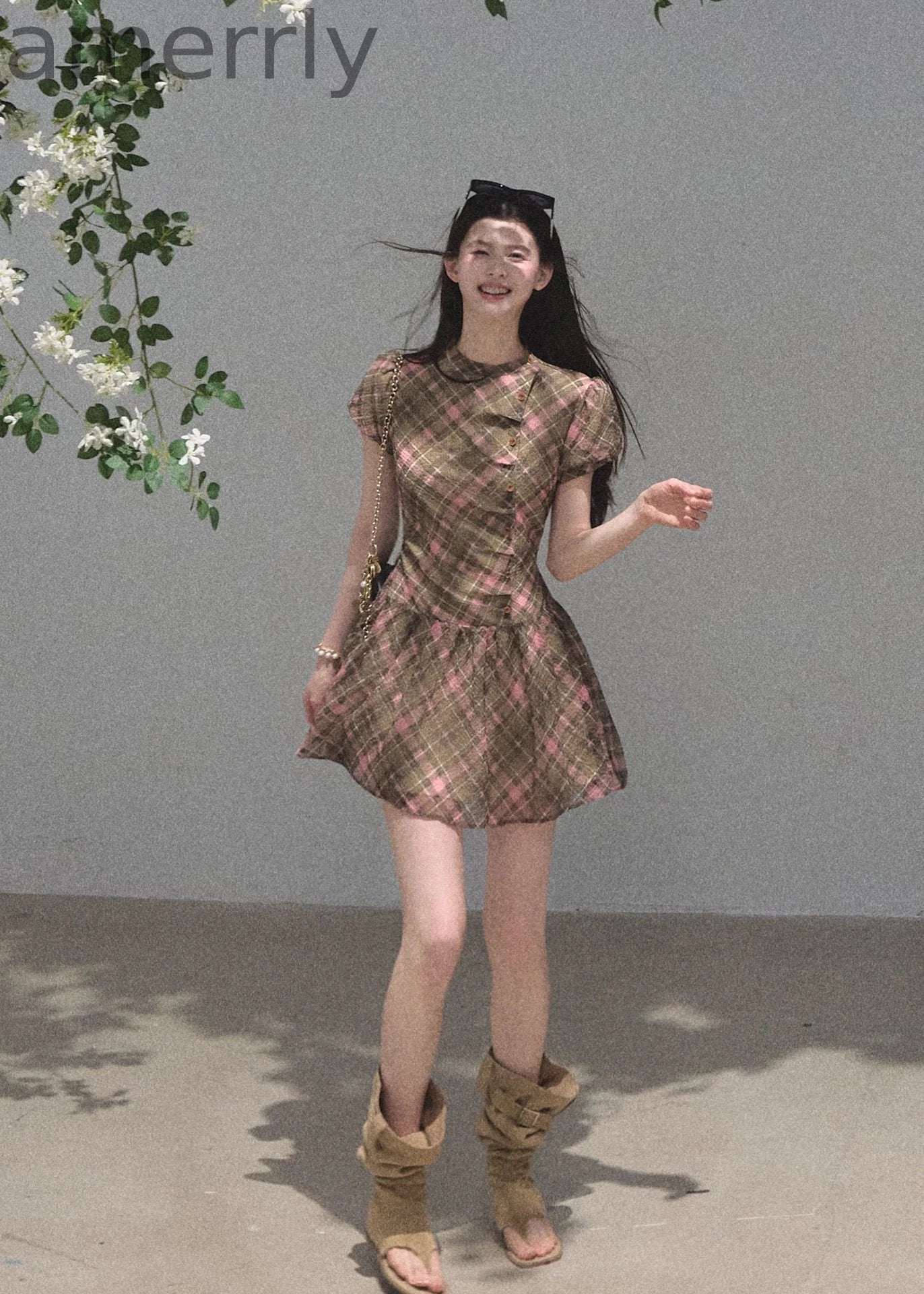 Misty Bloom Waist-Cinching Mini Dress