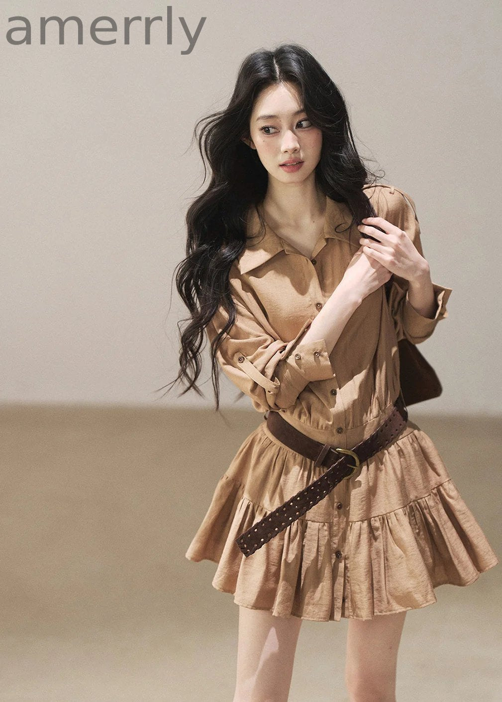 Golden Wheat Lapel Dress Set
