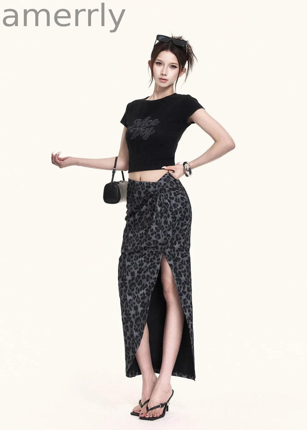 Leopard Slit Skirt & Crop Tee Set